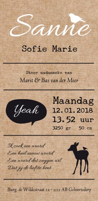 Stoer geboortekaartje kraft - Sanne