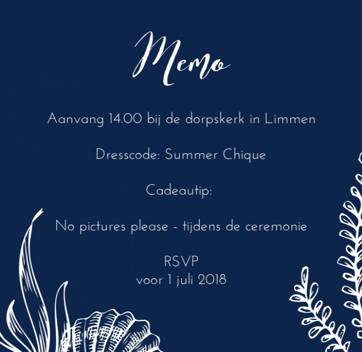 Memo kaart - Donkerblauw met schelpen