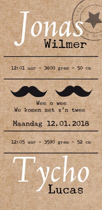 Stoer geboortekaartje kraft tweeling - Jonas en Tycho