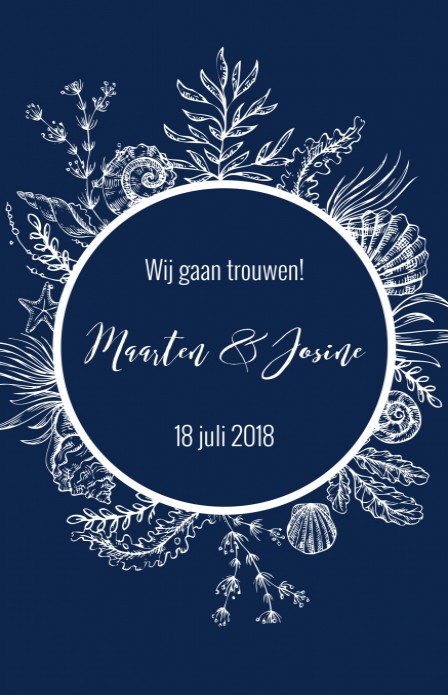 Trouwkaart uitnodiging - donkerblauw Schelpen